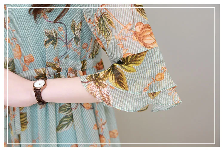

2020 Women's Summer Dress Slim Lotus Leaf Flare Sleeve Middle Sleeve O-Neck Floral Vestidos Casual Wild Chiffon Dress Women E126