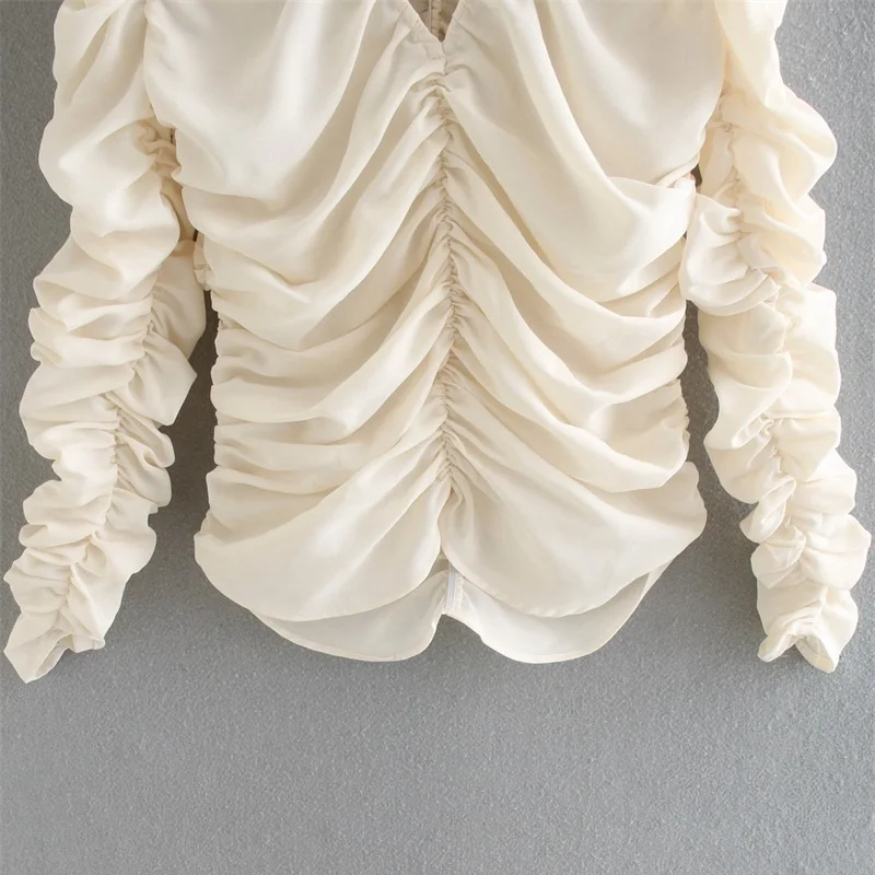 

TRAF 2020 Women's Fashion Slim Elastic Pleated Blouse Retro V-neck Long Sleeve Blouse Streetwear