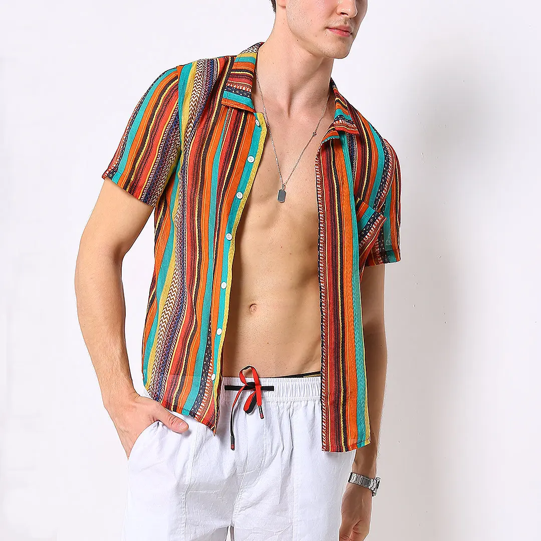 

Гавайские рубашки из хлопка и льна для мужчин, лето 2021, Повседневная рубашка в полоску, с карманами, на пуговицах, с коротким рукавом, рубашки...