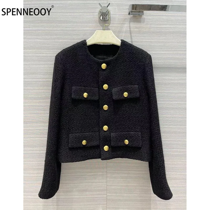 

Женская твидовая куртка SPENNEOOY, дизайнерская черная однобортная куртка с длинным рукавом, Офисная верхняя одежда на заказ