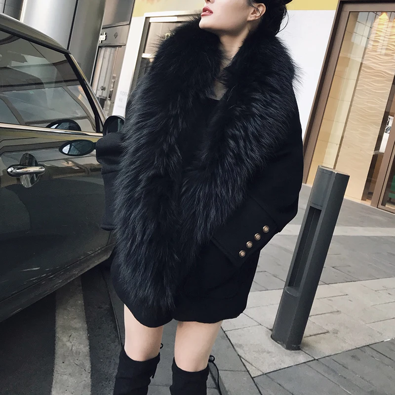 

2022 New years Vintage Black Color real lamb Wool jackets real blue fox fur collar scarf wrap trim coat