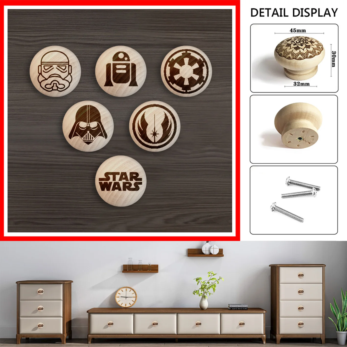 

NEYLEND Engraved Drawer Knob Wooden R2D2 Cabinet Pull Chic Wood Handle Single Hole Beech Circular Knob Exquisite Furniture