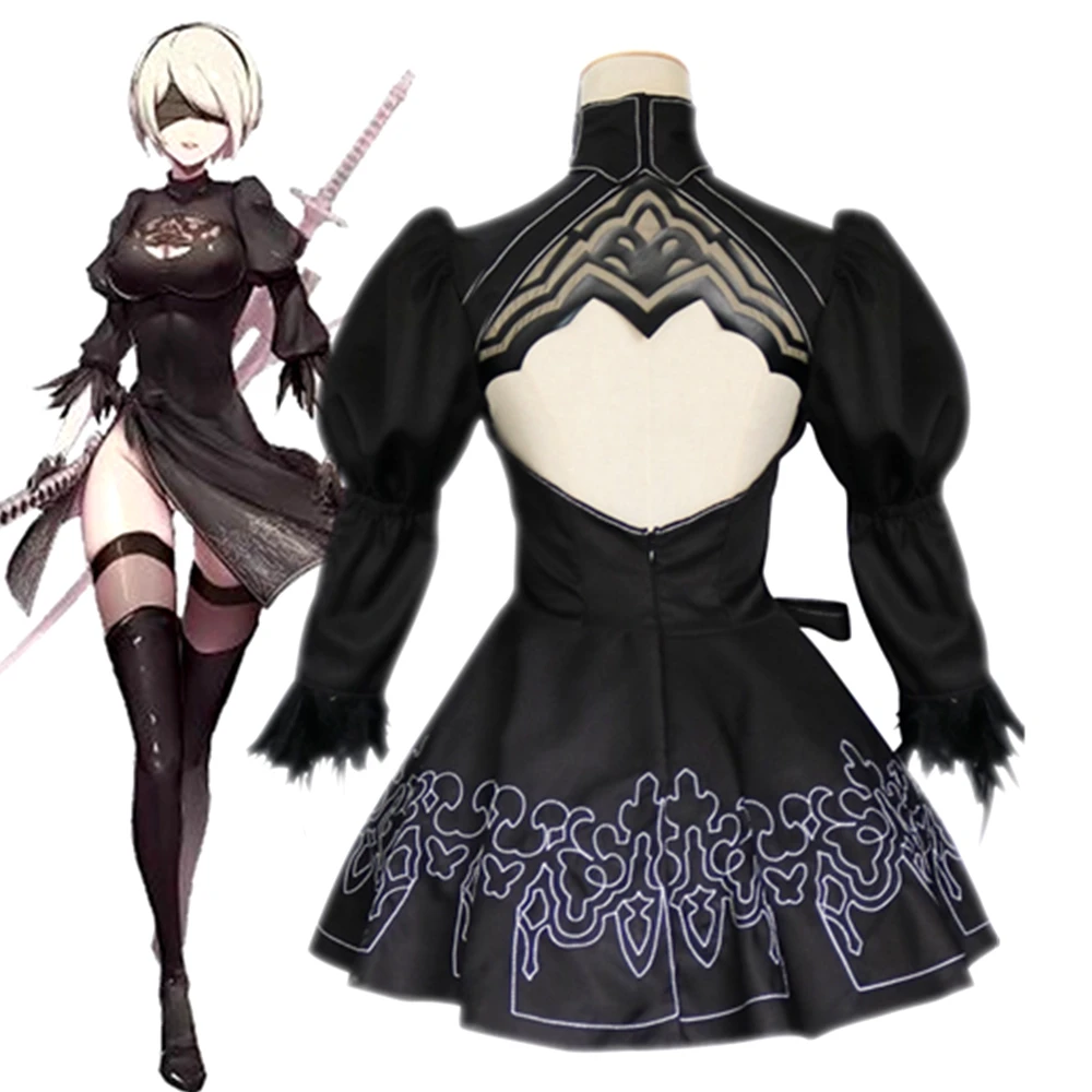 Game Nier Automata Yorha 2B Cosplay Costume Anime Uniform Suit Women Girls Halloween Party Fancy Outfits Black Dress Wig Set |