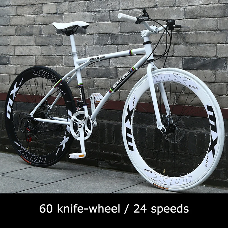 Bicicleta de carretera de 26 pulgadas y 24 velocidades, bici de ciudad con marco de acero de alto carbono, bicicleta de carreras de velocidad Variable, freno de disco doble, rueda de cuchillo de 60