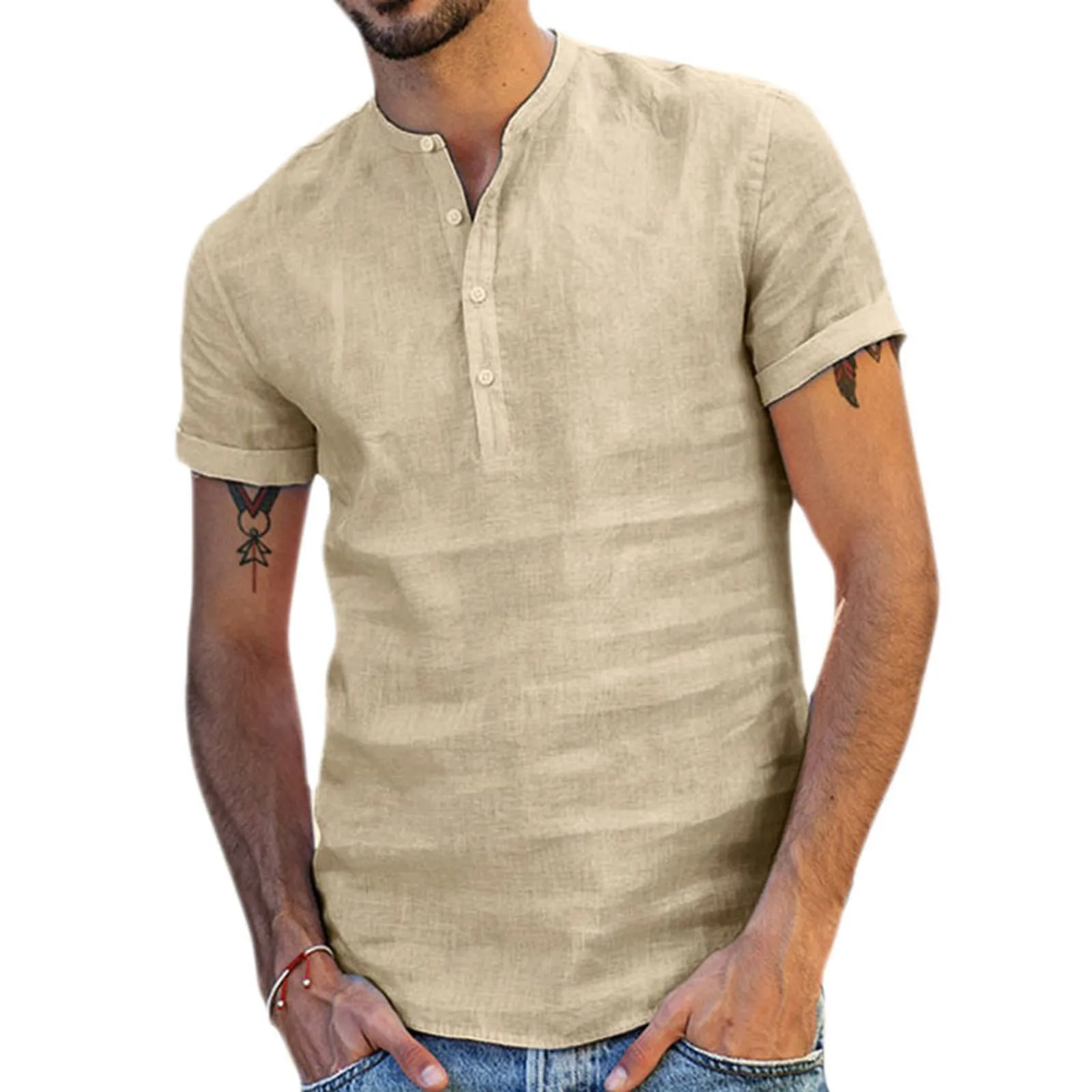 

Cotton Linen Men shirt Casual solid Blouse shirt men Loose Tops Short Sleeve Tee Shirt chemise homme