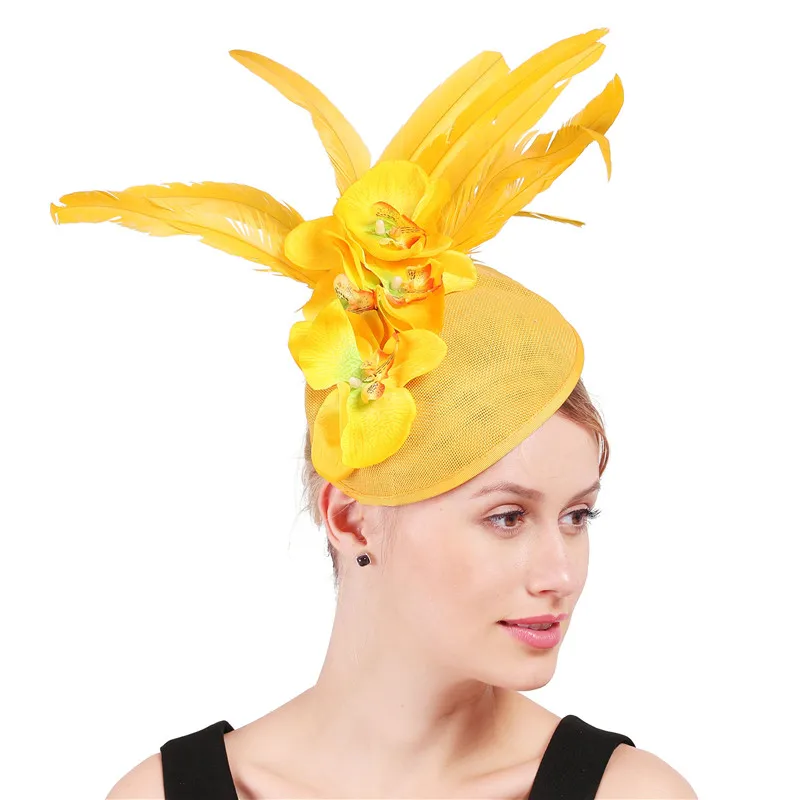 

Charming Yellow Fashion Headwear Formal Ladies Party Hats Fascinators Hair Accessories Fancy Flower Headpiece For Occasion Tea
