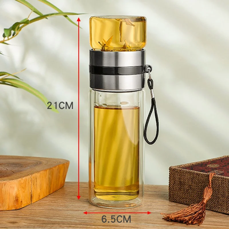 Двухслойная стеклянная бутылка для воды портативная уличная с фильтром и