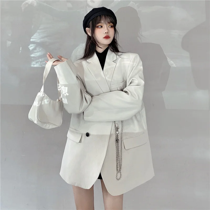 

Autumn New Beige Profile Small Suit Female Padded Shoulder Wide Version Temperament Long Coat Blazer Feminino Fashion Office