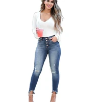 womens ripped skinny jeans causal high waist washed jeans fashion new pencil pants botton up all match female denim trousers