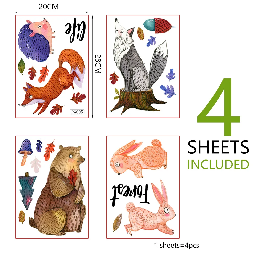 

Color Box Forest Animals Creative Cartoon Wall Stickers Children's Room Living Room Room Decoration Wall Stickers A Set of 4pcs