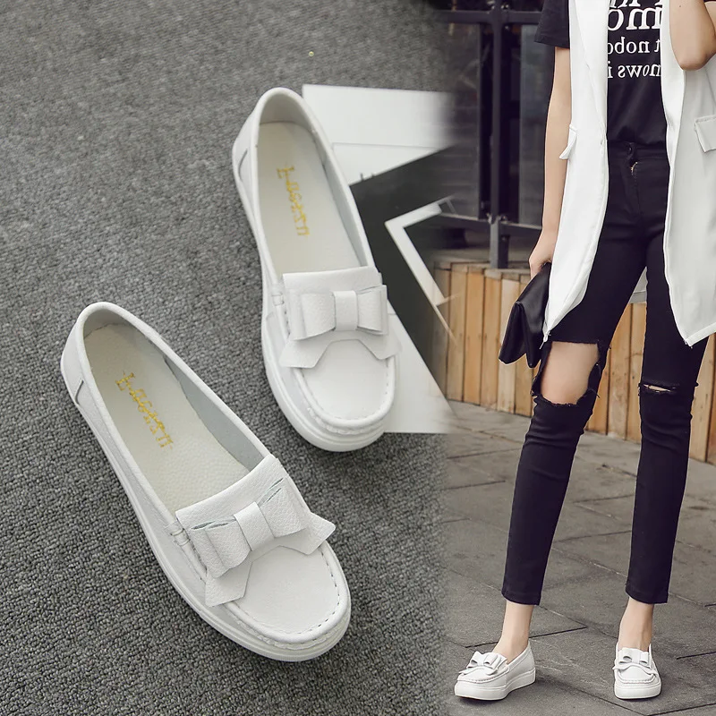 

SWONCO Leather White Shoes Women Platform Sneakers Bow 2020 Spring New Slip On Soft Loafers Shoes For Lady Wedges Sneakers