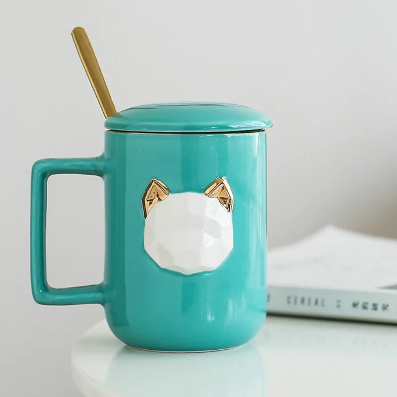 

350ML Creative Drawing Gold Cup 3D Relief Cat and Mouse Animal Cup Coffee Mugs With Cover And Golden Spoon
