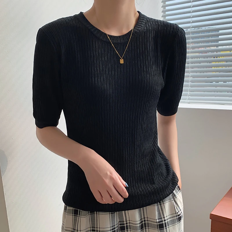 

Black Knit T Shirt Casual O-Neck Short Sleeve Tees Female Thin Knitted Tee Shirt Womens Clothes Short Slim T-Shirts Summer White