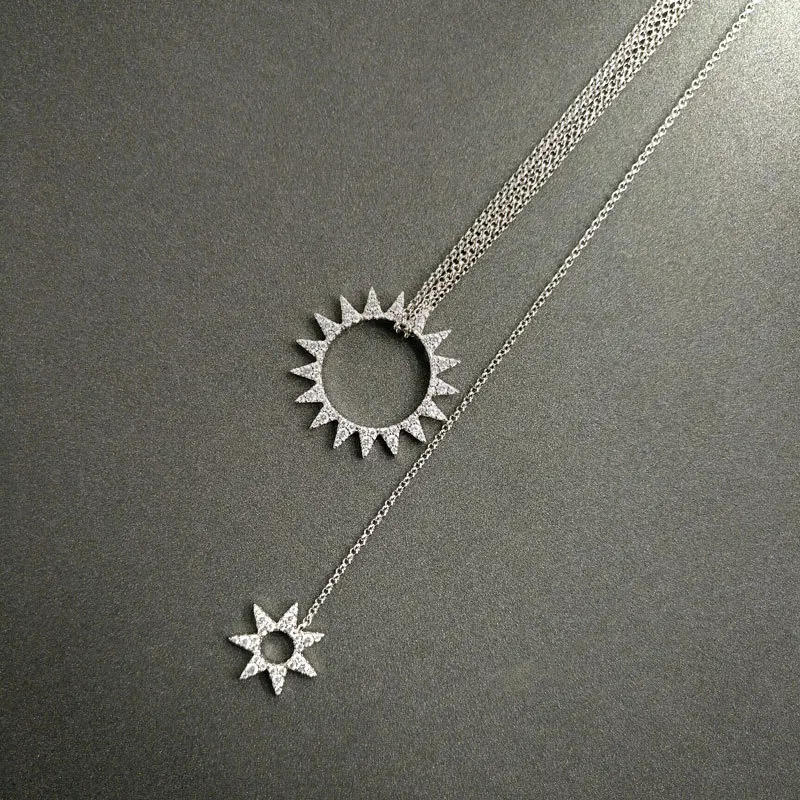 

s925 sterling silver necklace August new product double sun necklace female gear clavicle chain simple bohemian style