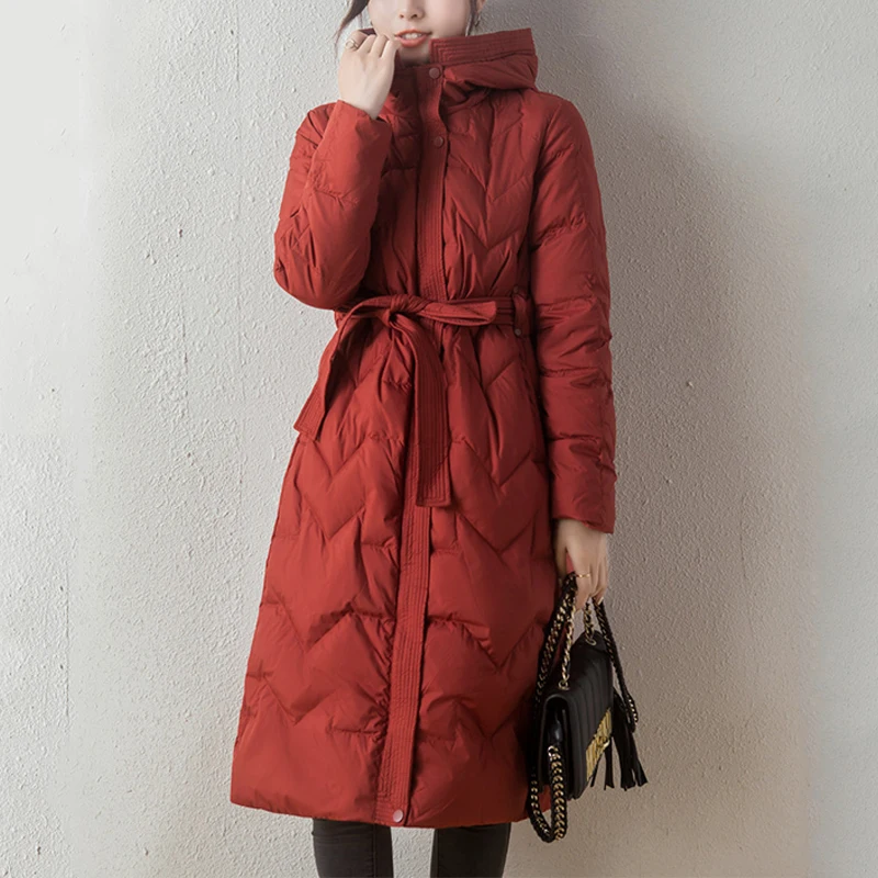 

FTLZZ New Winter Women Warm Thicken White Duck Down Jacket Parkas Hooded Long Down Coat Slim Big Size Outerwears with Sashes
