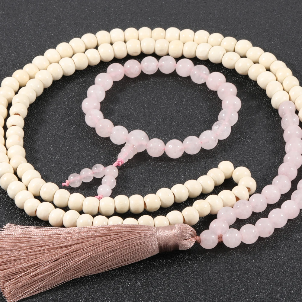 

OAIITE Yoga Jewelry Handmade Bohemian Wooden Beaded Necklace Natural Rose Quartz Stone Necklace Strand Bracelets for Women Men
