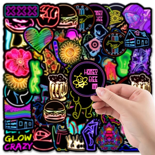 10/30/50pcs Cartoon Neon Light Stickers Cute Decals Graffiti DIY Motorcycle Phone Guitar Bike Laptop Guitar Car PVC Sticker Gift 2