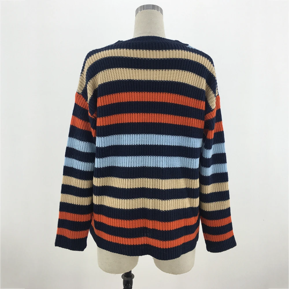 Blue Striped Sweater Women Long Sleeve O-Neck Knitted Pullovers and Sweaters Autumn Streetwear Knitting Jumpers Winter Clothes | Женская