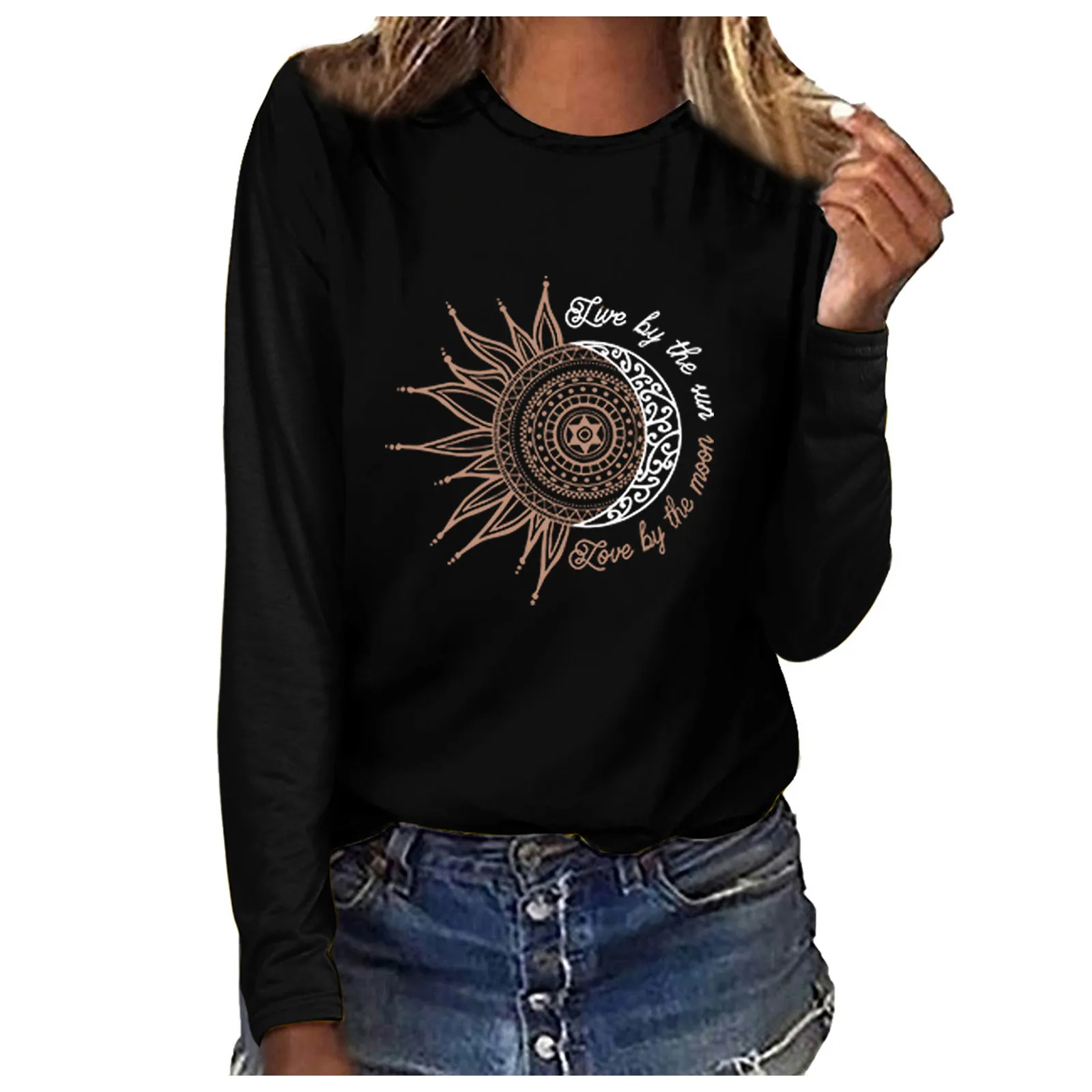 

Sun Moon Print Women's Sweatshirts O Neck T-shirt Long Sleeve Casual Ladies Blouse Top Korean Style Fashion Vintage Lady Clothes
