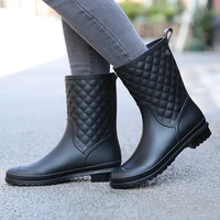 fashion style plaid women rain boots pvc material low heel middle tube solid color water shoes unisex waterproof leather boots