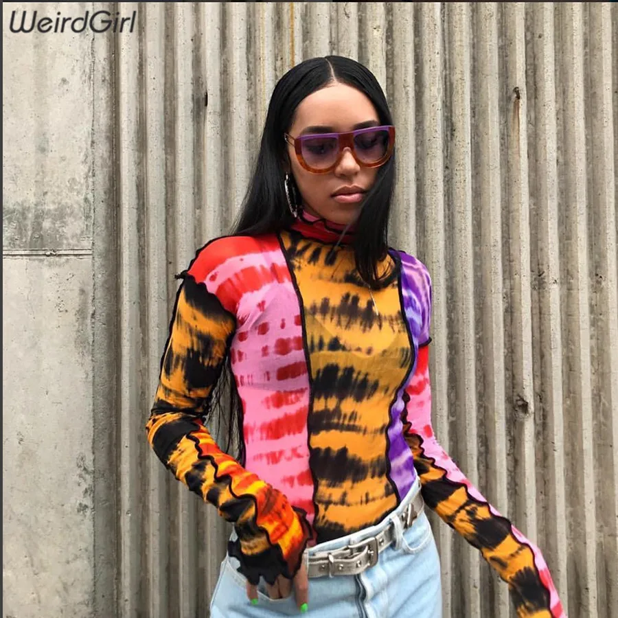 Weirdgirl женская футболка с длинным рукавом Водолазка для девочек повседневные топы эластичные базовые футболки Highstreet Lady Print пуловеры Тройник