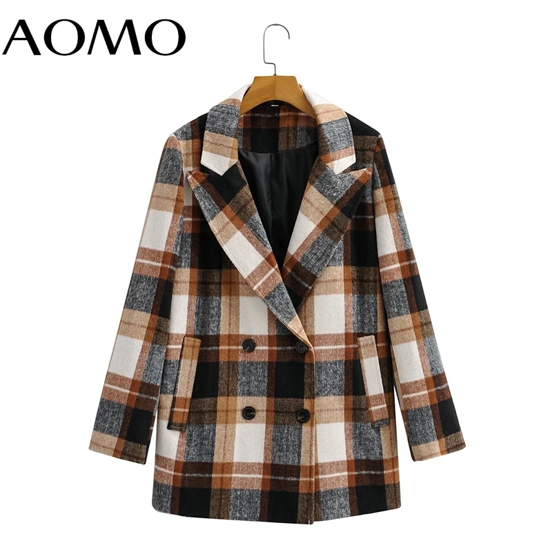 

AOMO Women Thick Plaid Woolen Coats Jacket Loose Long Sleeves Pocket 2021 Ladies Elegant Autumn Winter Coat 8Y171A