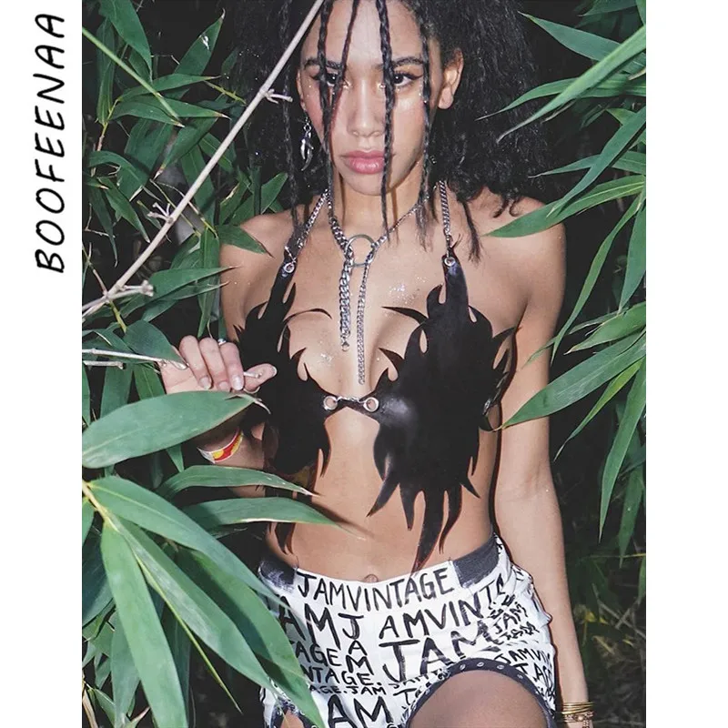 Женский укороченный топ из искусственной кожи BOOFEENAA черный с открытой спиной и