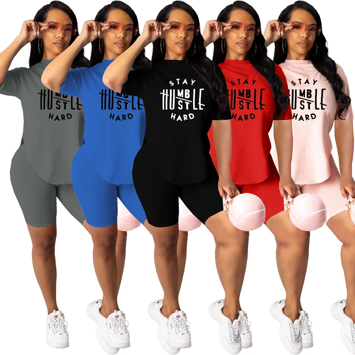 

Женский костюм из двух предметов, облегающий топ с коротким рукавом и круглым вырезом и мотоциклетные шорты, повседневный черный костюм из ...