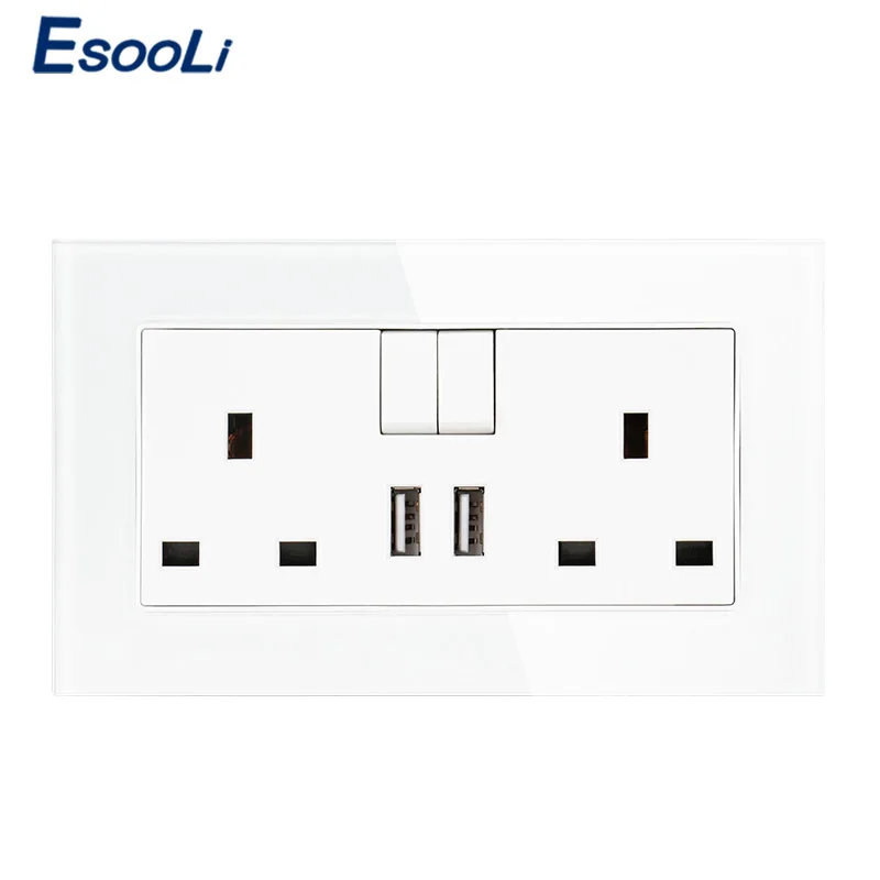 

Esooli Glass Panel 13A Double UK Standard Outlet Switched With 2.1A Dual USB Charger Port Fast Charger Ports Plug wall socket