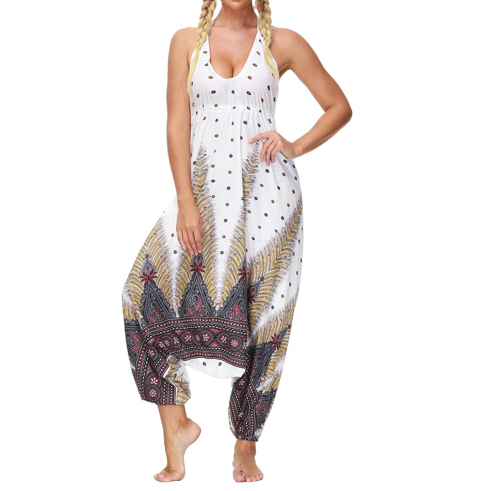 

2021 Women Spaghetti Strap Solid Jumpsuit Summer Casual Loose Sleeveless Sexy Deep V Neck Long Rompers Wide Leg Pants Overalls