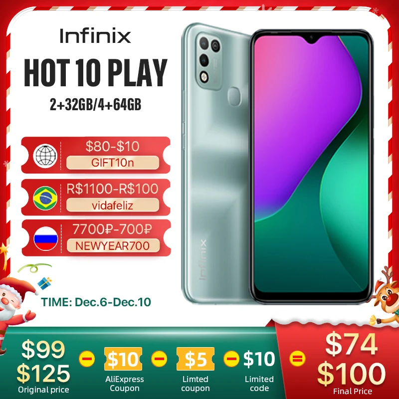 

Original Infinix HOT 10 PLAY 2GB+32GB/4GB+64GB 6.82'' HD+ Display Global Version smartphone 6000mAh Helio G35 mobile Phoneone