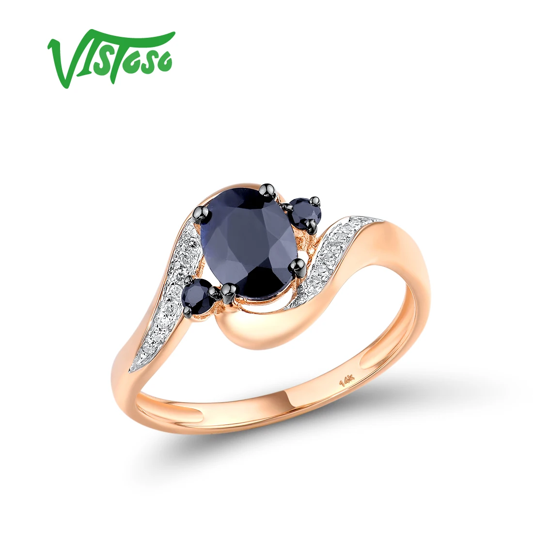 

VISTOSO Gold Rings For Women Genuine 14K 585 Rose Gold Ring Sparkling Diamond Natural Blue Sapphire Luxury Trendy Fine Jewelry