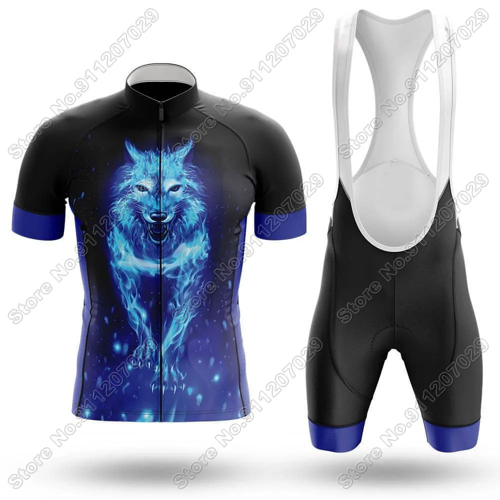 Wolf - Men's Cycling Jersey Blue Set Summer Clothing Road Bike Suit Mountain Bicycle Shirt Bib Shorts MTB Maillot |