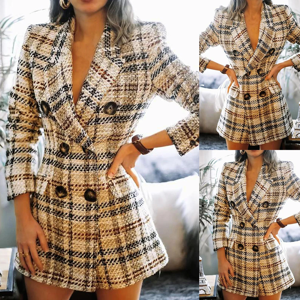 

Pocket Mid-Length Blazer Coat Women Blazer Office Coat Long Sleeve Plaid Printed Double Breasted Turn-Down Ladies Jacket Outwear