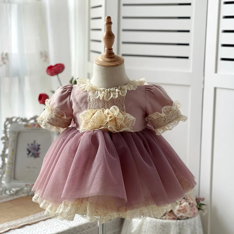 Spanish Turkish Royal Palace Style Princess Ball Gown Lace Stitching Backless Short Sleeve Birthday Party Girl Lolita Dress A441