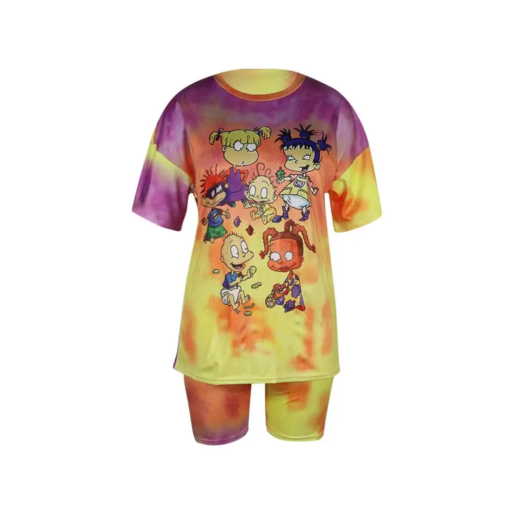 Wjustforu Women's Printed Loose Casual Pants Tracksuit Two Piece Set 10 Colors Summer Short Sleeve Top + Shorts 2 Suit |