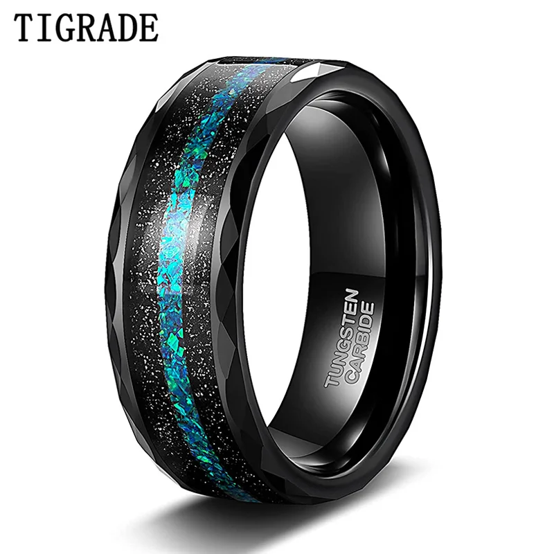 

TIGRADE 8MM Tungsten Mens Wedding Bands Multi-Faceted Edge with Black Sand and Green-Blue Opal Inlay Wedding Rings Comfort Fit