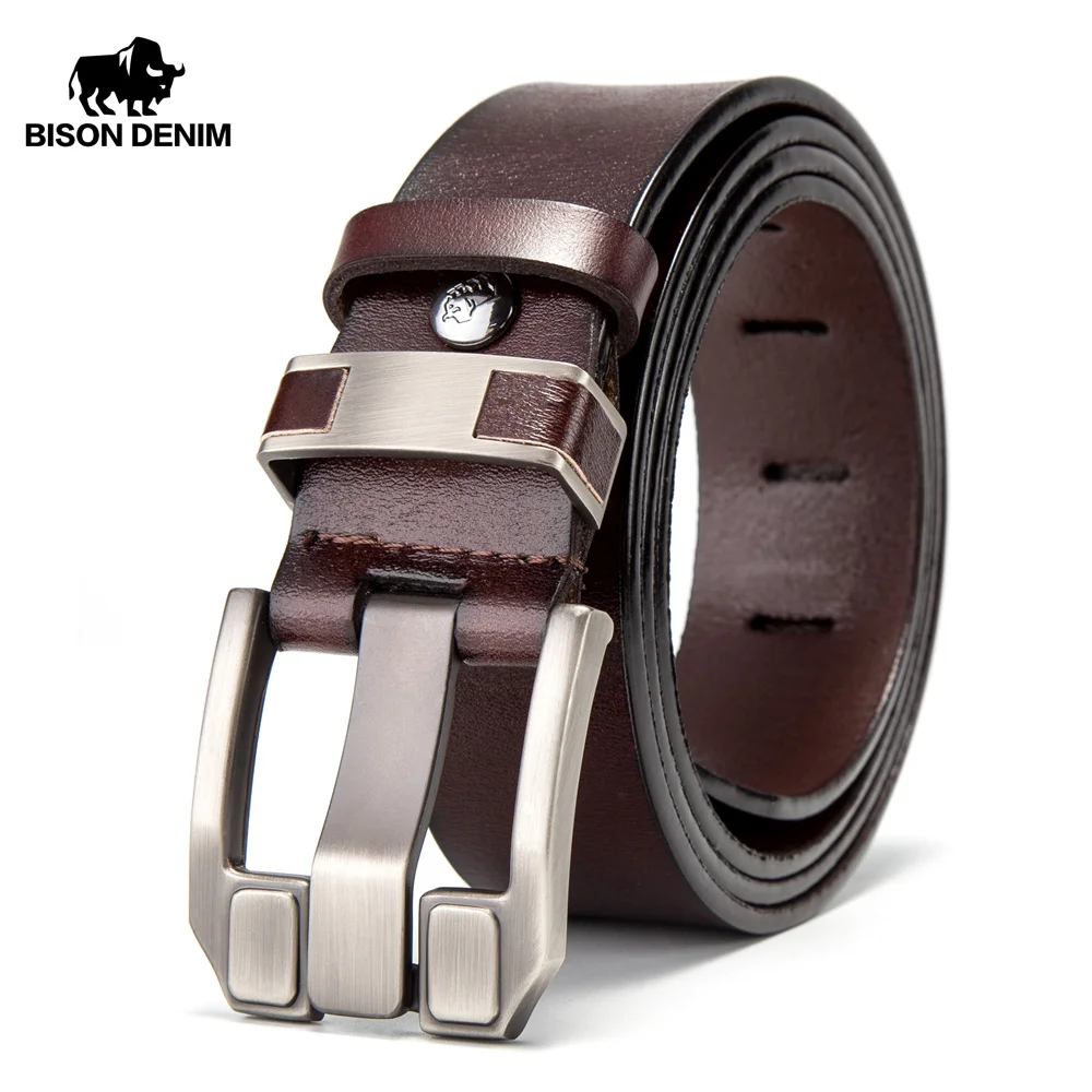 BISON DENIM Men Belts Cow Leather Jeans Waistband Genuine Leather Male Belt Soft Alloy Pin Buckle Men's Belt N71350-2C