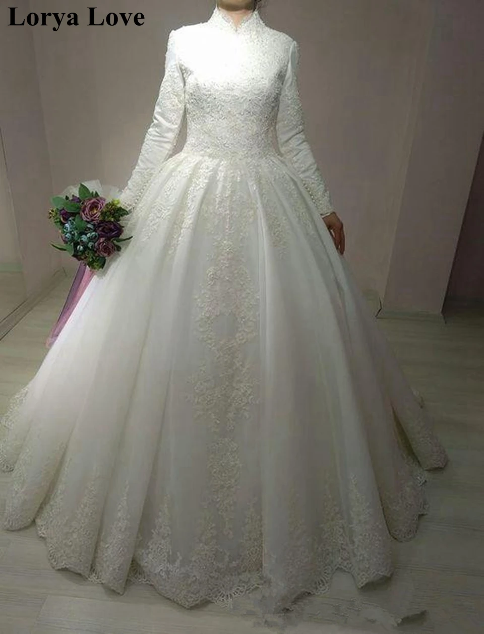 

Long Sleeves Lace Applique Wedding Dresses 2020 White A-Line Illusion Bridal Gowns Summer High Neck Vestidos De Noiva Long Train