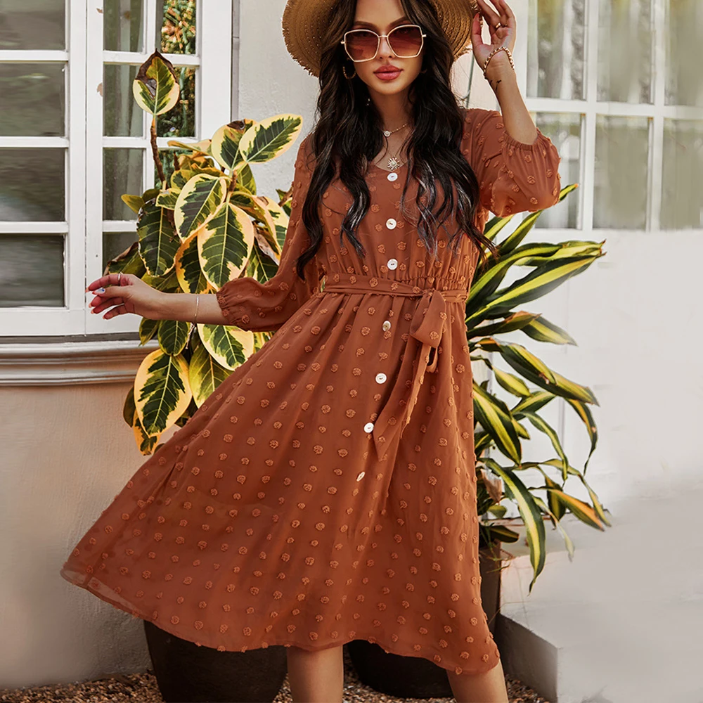 Женское шифоновое платье пуловер средней длины с рукавом 2021 и круглым