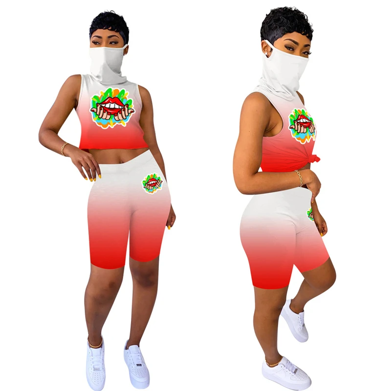 Neon Color 2 Piece Set Work Out Mask One Crop Tank Top Skinny Biker Shorts 2020 Summer Women Matching Tracksuit |