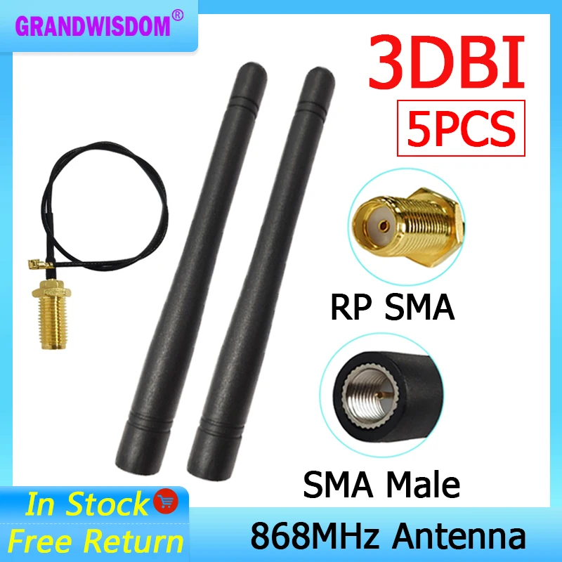 GRANDWISDOM 5pcs 868mhz antenna 3dbi sma male 915mhz lora antene module lorawan ipex 1 SMA female pigtail Extension Cable