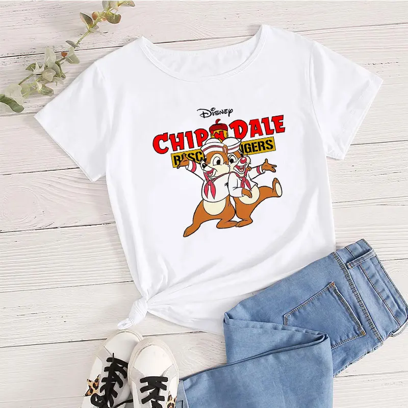

New Disney Cartoon Chip and Dale T Shirt Women Kawaii Summer White Short Sleeve T-shirts Harajuku Female Clothing Basic Tops Tee