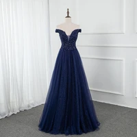 yqlnne navy blue long prom dresses off the shoulder appliques beads sexy party dress glitter tulle lace up back evening gown