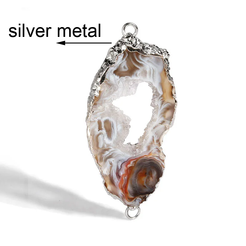 silver 2 шт. кулон из натурального камня полые геометрические 2 отверстия кулон agates Druzy разъем Подвески для DIY серьги браслет Изготовление ювелирных изделий - Цвет: silver