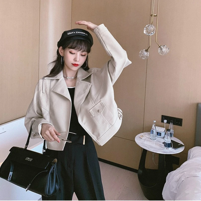 

Pu Faux Leather Vintage Loose High Street Casual Turn-down Collar Outwear Biker Coat Jacket 100