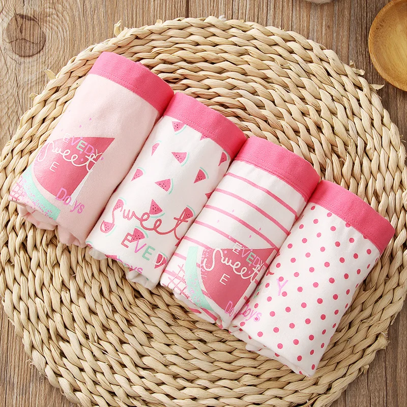 Ropa interior de algod&oacute;n puro para ni&ntilde;os, rosa encantador b&oacute;xer de punto, pantalones cortos a rayas para adolescentes, calzoncillos transpirables, 4 unids/lote-2