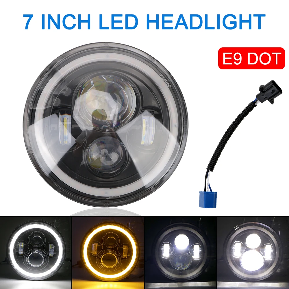 

For Niva Motorcycle Lada Offroad 4x4 UAZ Halo Ring Amber Angel Eye Light Car LED Headlights 12V 24V 7 Inch DRL Hi/Lo Beam