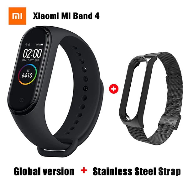 GB Steel Black Оригинальная глобальная версия, Xiaomi mi, браслет 4, фитнес, пульсометр mi Band 4, китайская версия, смарт-браслет и подарочный ремешок - Цвет: GB Steel Black
