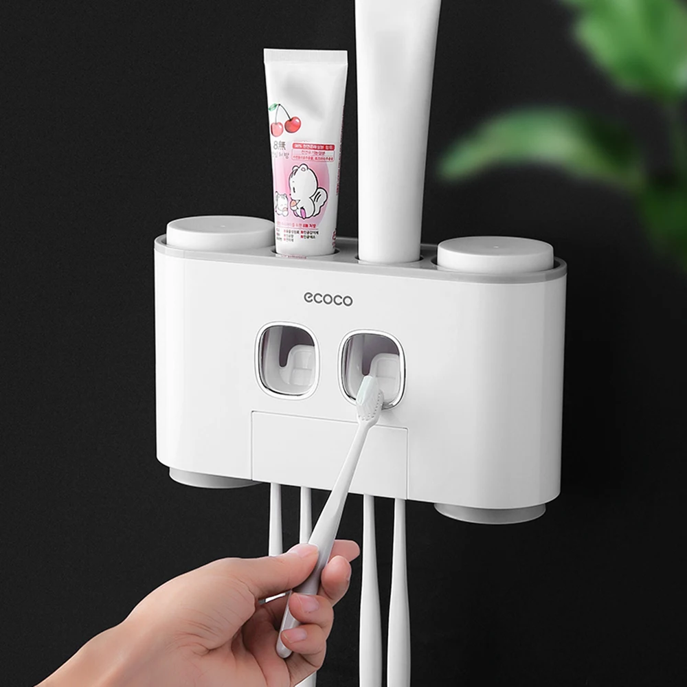 

Wall-Mounted Toothbrush Holder with 2 Toothpaste Dispensers 4 Cups and 5 Toothbrush Slots Toiletries Storage Rack